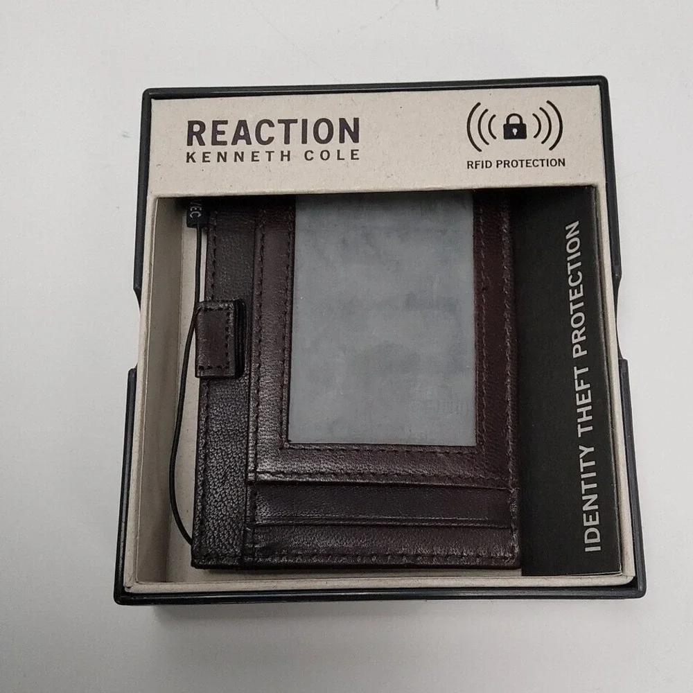 Kenneth Cole Reaction Wallet Mens Brown RFID Blocking Leather Passcase